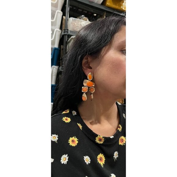 Chunky Orange earrings , large gold chandelier earrings  , vintage style , long - Picture 8 of 8